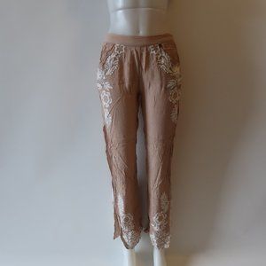 NWT TINA DEMEL FREESIA SAND ELASTIC WAIST PANTS L*